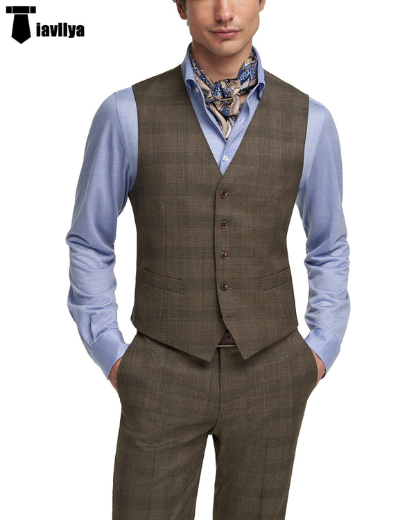 Mens Business 2 Pieces Suit Plaid V Neck Vest (Vest + Pants) Xs / Brown Pieces Suit