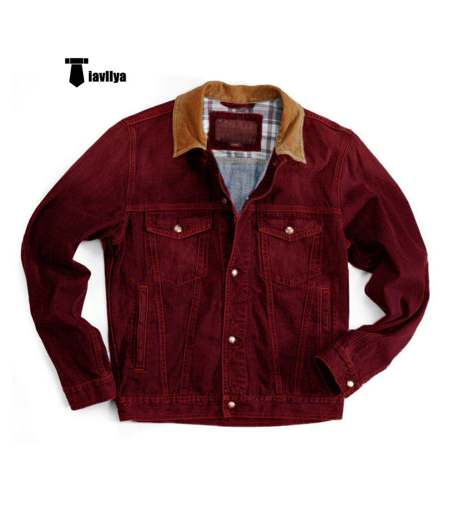 Casual Men’s Lapel Blazer Classic Coat Button-Down Denim Jacket Xs / Burgundy