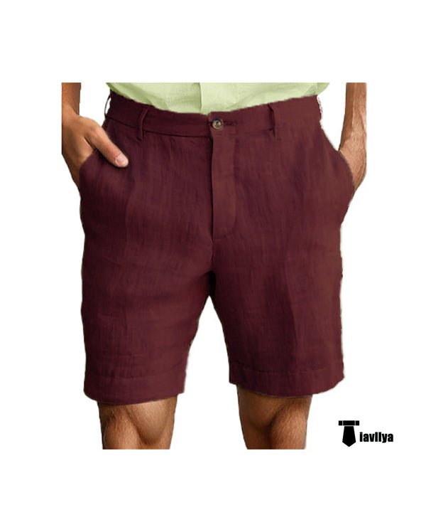 Casual Men’s Short Pants Cotton Linen For Beach Wedding 29W X 28L / Burgundy Suit