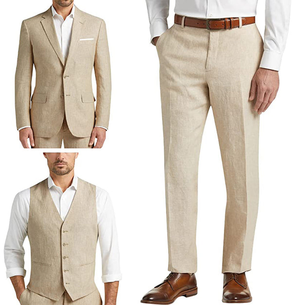 3 Pieces Suit - Formal Men's 3 Pieces Mens Suit Notch Lapel Linen For Wedding (Blazer+vest+Pants)