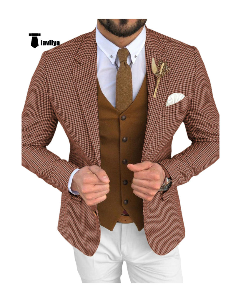 Fashion Men’s 3 Pieces Houndstooth Notch Lapel Tuxedos (Blazer + Vest + Pants) Xs / Coffee Pieces