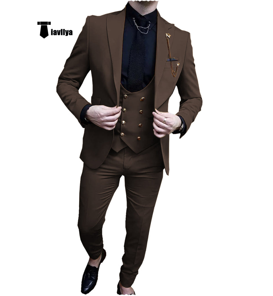 Fashion Men’s Suit 3 Piece Peak Lapel Flat Tuxedo Wedding (Blazer + Vest + Pants) Xs / Coffee