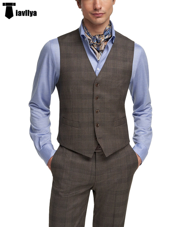 Mens Business 2 Pieces Suit Plaid V Neck Vest (Vest + Pants) Xs / Coffee Pieces Suit