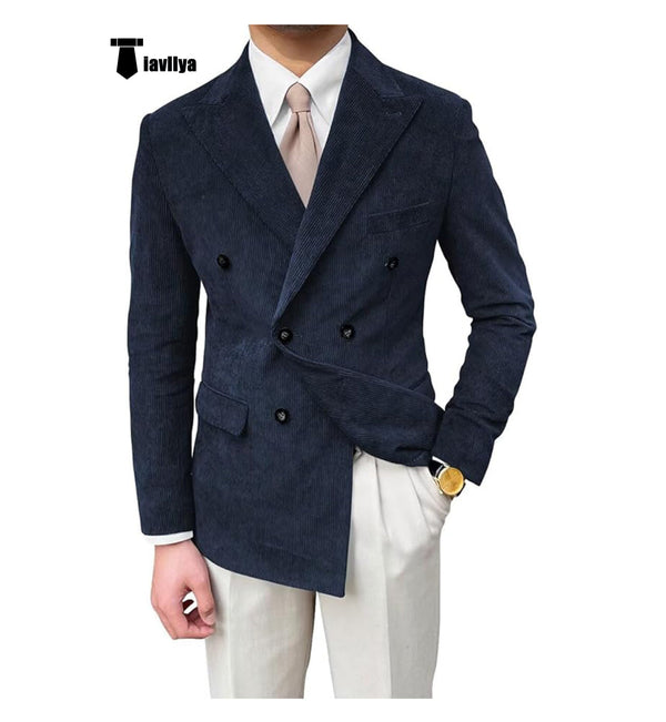Men’s Vintage Corduroy Peak Lapel Double Breasted Jacket Sport Coat Xs / Navy Blazer