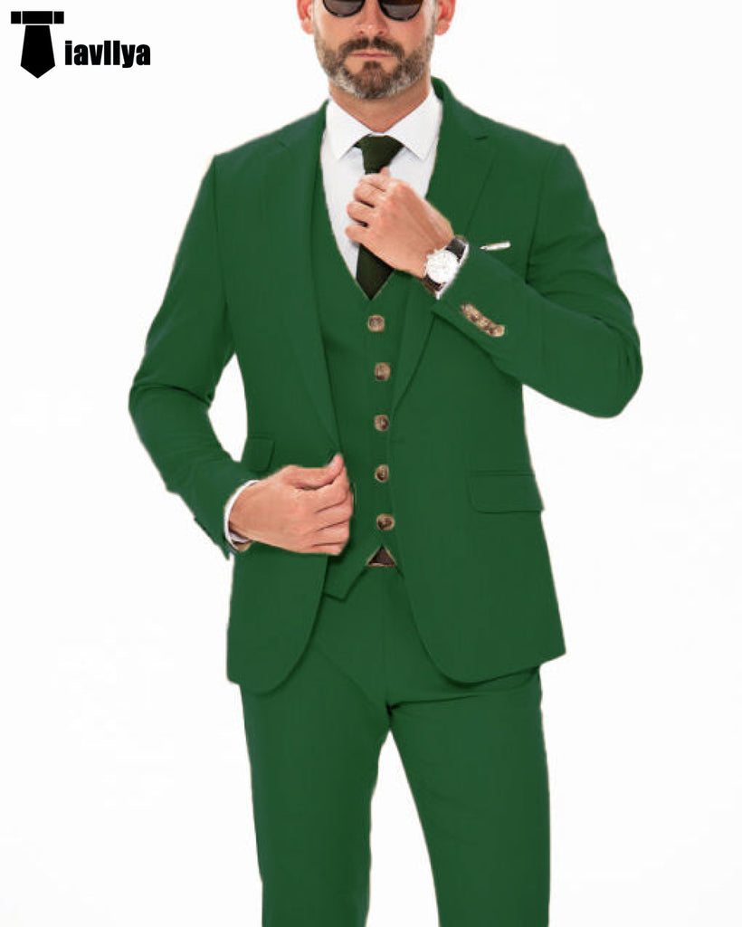 Formal Men’s 3 Piece Regular Fit Notch Lapel Flat Suit (Blazer + Vest + Pants) Xs / Green Pieces