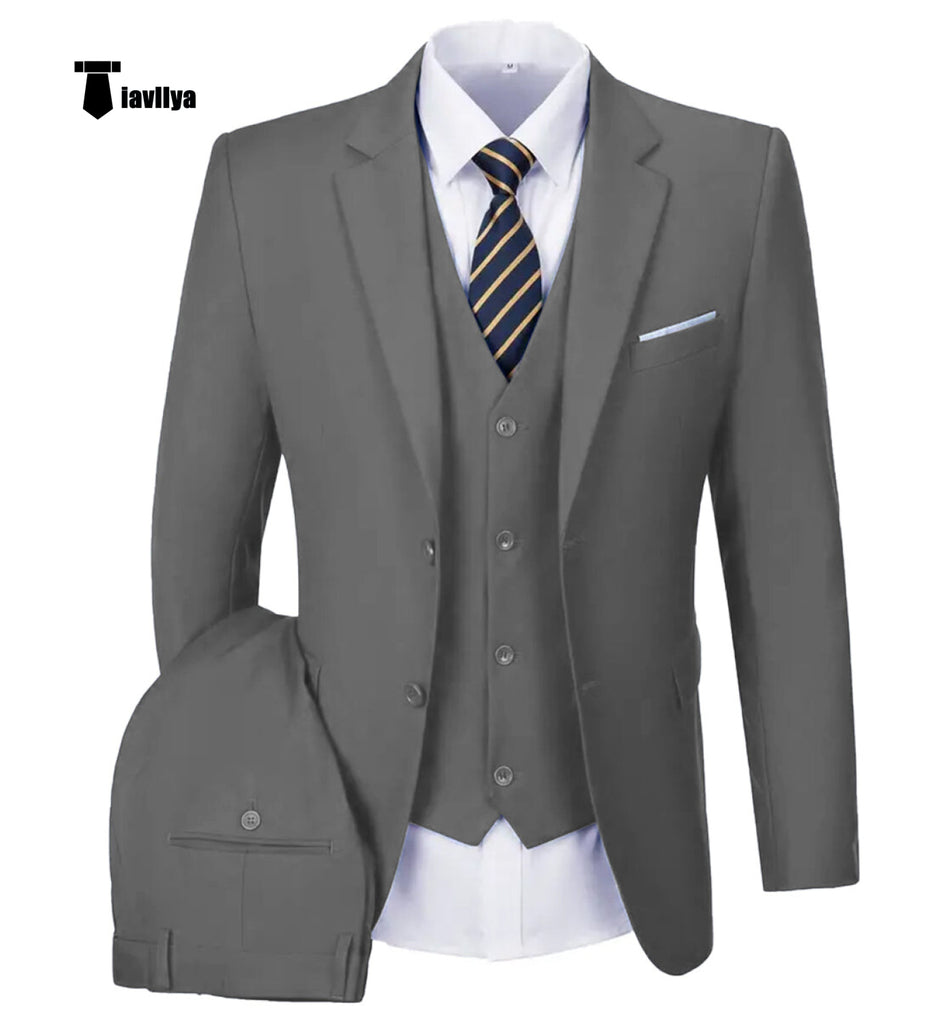 Casual Men’s 3 Pieces Mens Suit Notch Lapel Flat Tuxedos (Blazer + Vest + Pants) Xs / Grey Pieces