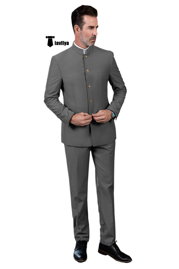 Classic 2 Piece Men’s Slim Fit Solid Color Stand Collar Wedding Suit (Blazer + Pants） Xs / Grey