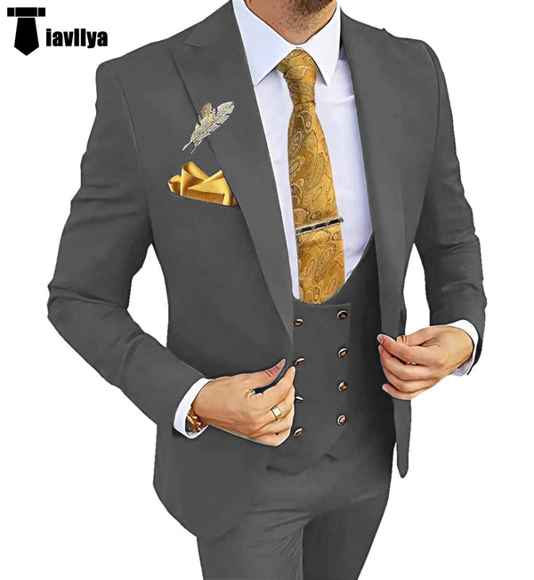 Fashion Men’s Suit 3 Piece Peak Lapel Flat Tuxedo Wedding (Blazer + Vest + Pants) Xs / Grey
