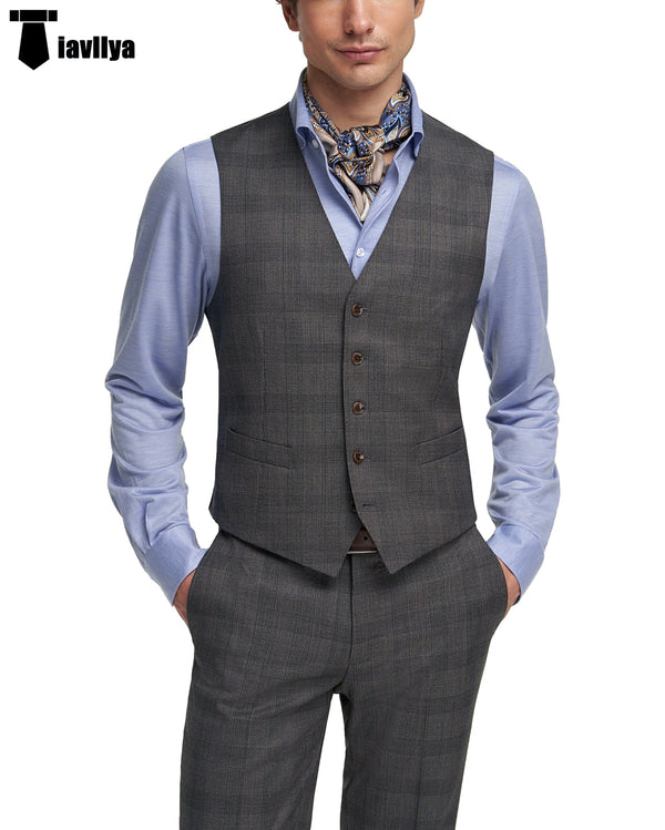 Mens Business 2 Pieces Suit Plaid V Neck Vest (Vest + Pants) Xs / Black Pieces Suit
