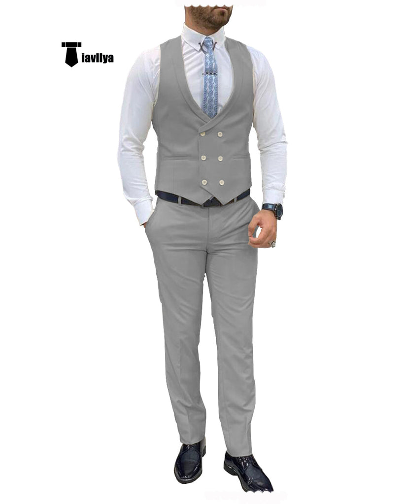 Double Breasted Formal 2 Pieces Mens Suit For Wedding(Vest + Pants) Xs / Gray Suit