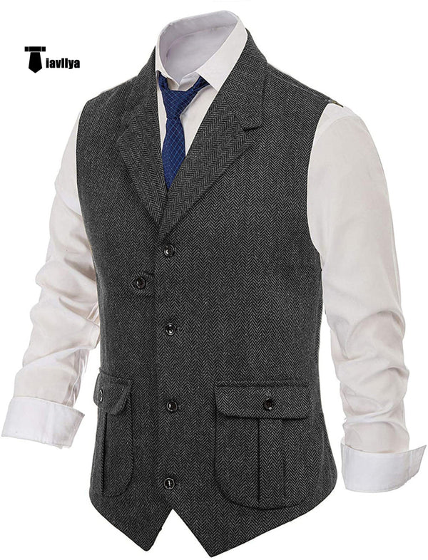 Suit Vest - Men's Classic Tweed Herringbone Notch Lapel Waistcoat