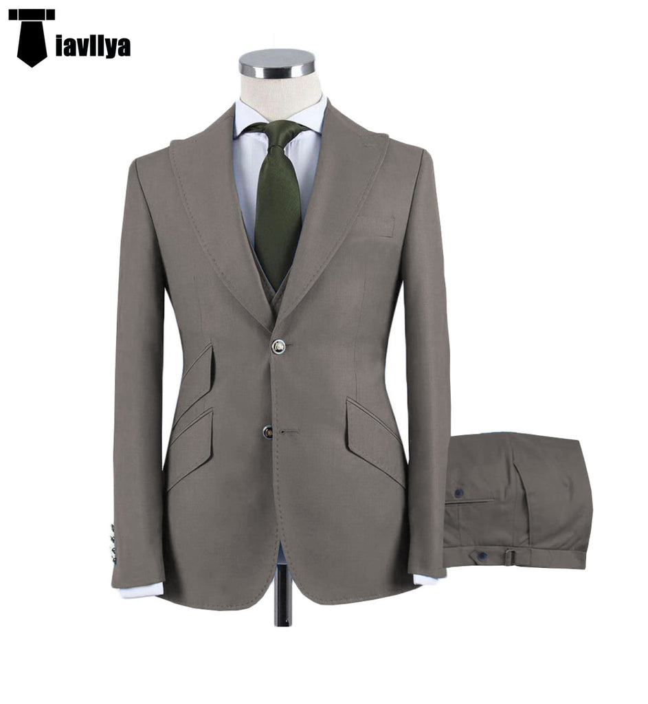 Fashion Men’s 3 Pieces Flat Peak Lapel Tuxedos For Wedding (Blazer + Vest + Pants) Xs / Grey