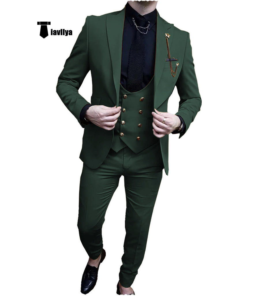 Fashion Men’s Suit 3 Piece Peak Lapel Flat Tuxedo Wedding (Blazer + Vest + Pants) Xs / Hunt Green