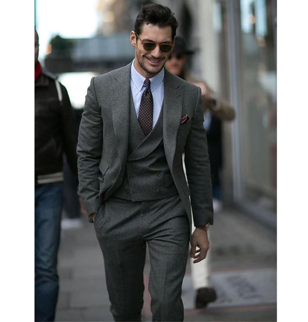 3 Pieces Suit - Fashion Men's 3 Piece Suit Herringbone Tweed Peak Lapel Tuxedos (Blazer+vest+Pants)