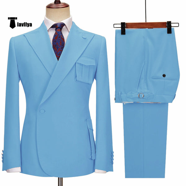 Formal 2 Piece Men’s Suit Slim Fit Peak Lapel Tuxedo For Wedding (Blazer + Pants) Xs / Light Blue