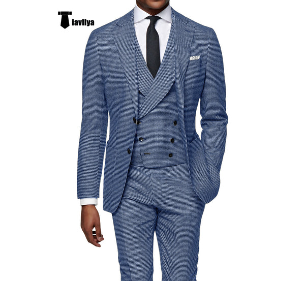 Casual Men’s 3 Pieces Houndstooth Notch Lapel Tuxedos (Blazer + Vest + Pants) Xs / Light Navy