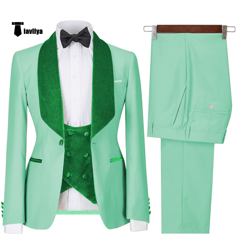 Fashion Men’s Suit Printed 3 Pieces Shawl Lapel Tuxedo For Prom (Blazer + Vest + Pants) Xs / Mint