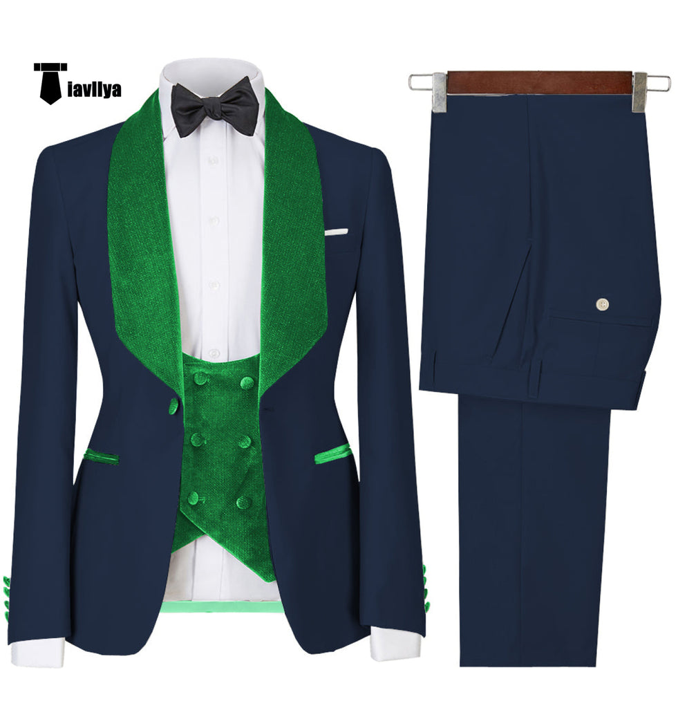 Fashion Men’s Suit Printed 3 Pieces Shawl Lapel Tuxedo For Prom (Blazer + Vest + Pants) Xs / Navy