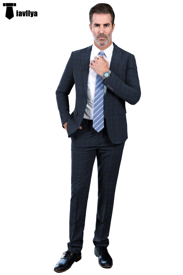 Fashion Mens Suit 2 Pieces Plaid Peak Lapel Tuxedos (Blazer + Pants) Xs / Navy Pieces Suit