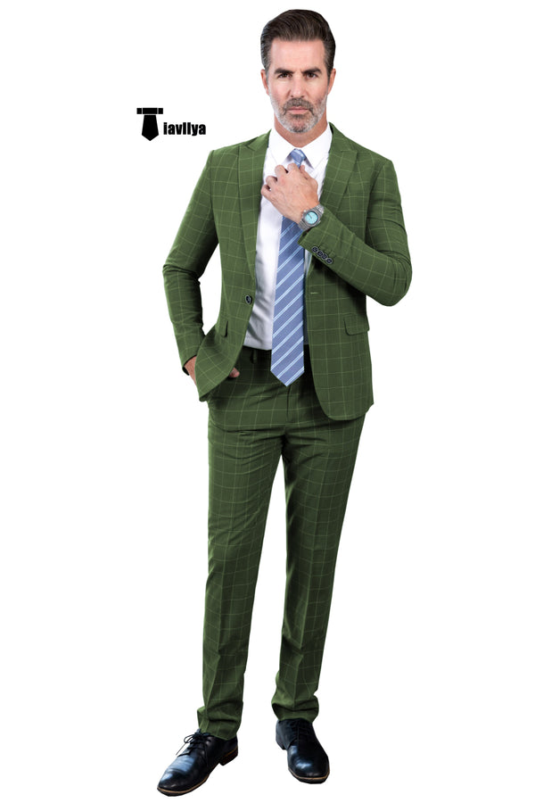 Fashion Mens Suit 2 Pieces Plaid Peak Lapel Tuxedos (Blazer + Pants) Xs / Olive Green Pieces Suit