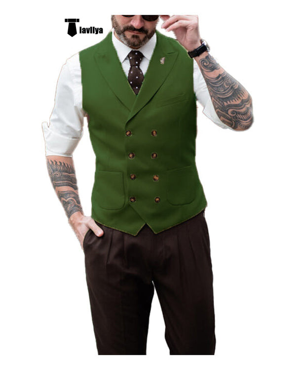Fashion Men’s Suit Vest Regular Fit Peak Lapel Waistcoat Wedding Xs / Olive Green
