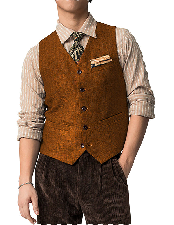 Suit Vest - Vintage Classical Mens Regular Fit Tweed Herringbone V Neck Waistcoat