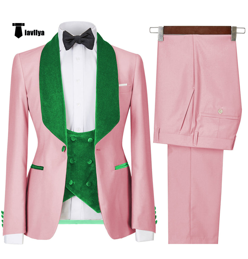 Fashion Men’s Suit Printed 3 Pieces Shawl Lapel Tuxedo For Prom (Blazer + Vest + Pants) Xs / Pink