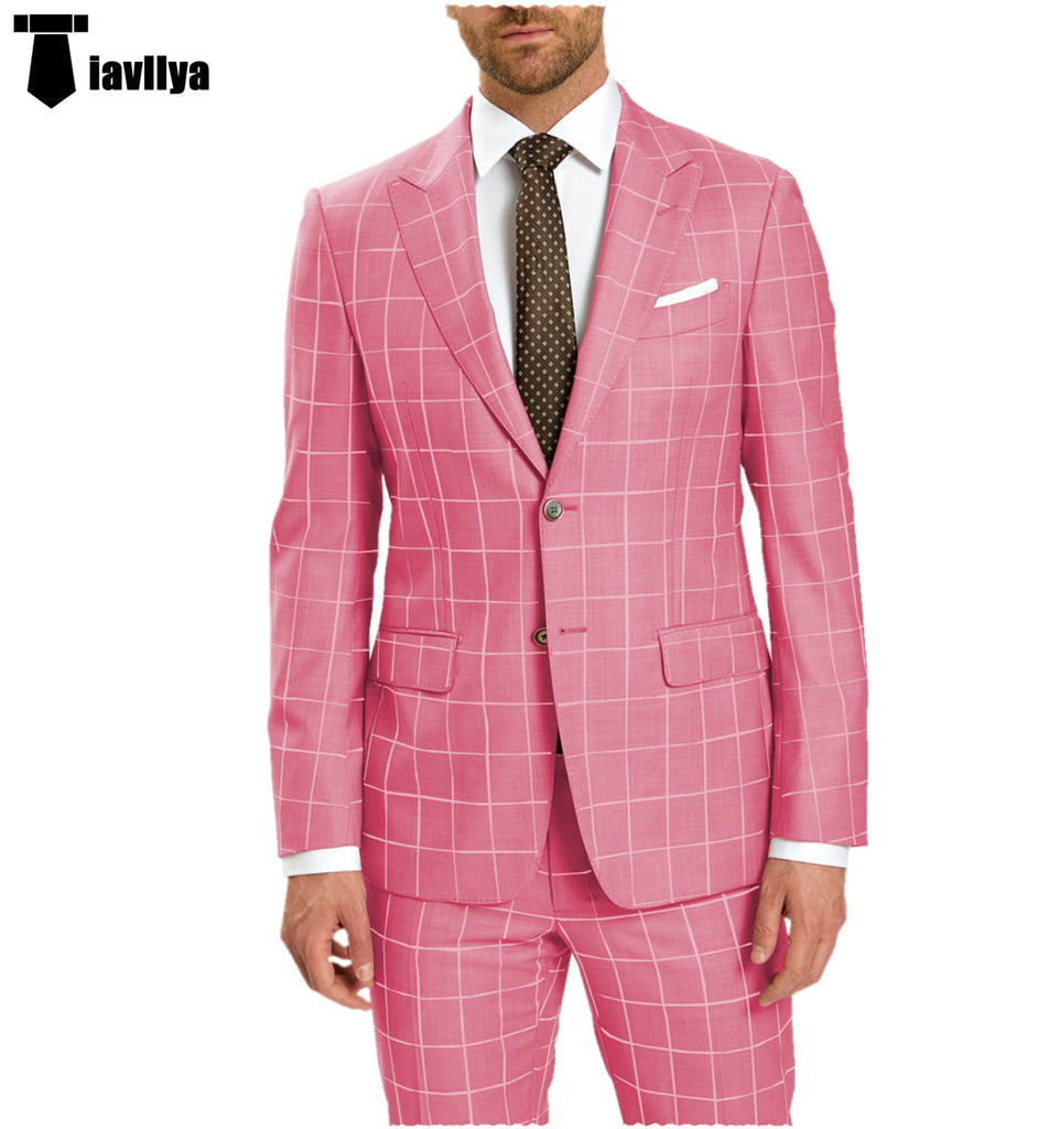 Fashion Mens Suit 2 Pieces Plaid Peak Lapel Tuxedos (Blazer + Pants) Xs / Pink Pieces Suit