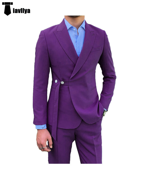 Fashion 2 Piece Men’s Suit Slim Fit Peak Lapel Tuxedo For Wedding (Blazer + Pants) Xs / Purple
