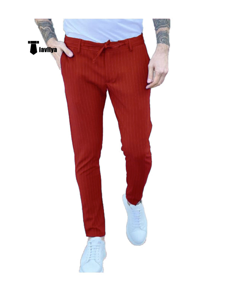 Fashion Men’s Suit Pants Stripe Regular Fit Trousers 29W X 28L / Red