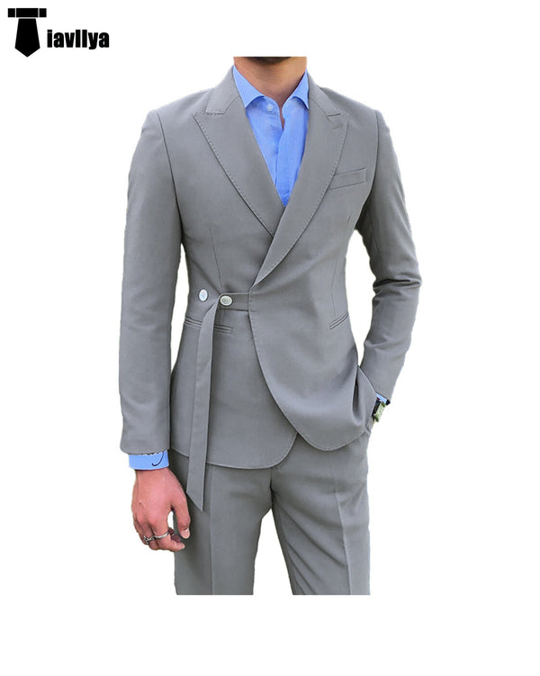 Fashion 2 Piece Men’s Suit Slim Fit Peak Lapel Tuxedo For Wedding (Blazer + Pants) Xs / Silver