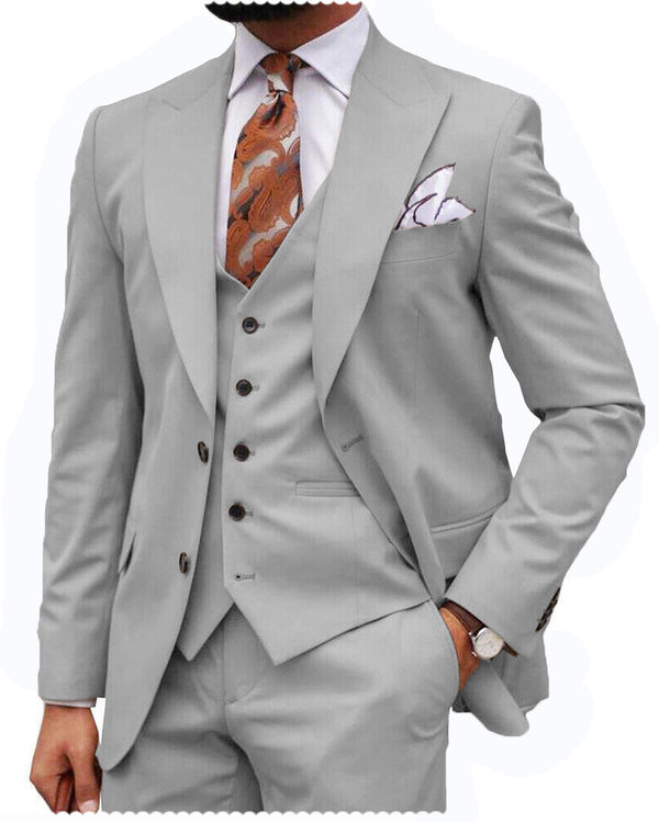 3 Pieces Suit - Formal Men's 3 Piece Regular Fit Peak Lapel Flat Men's Suit (Blazer+Vest+Pants)