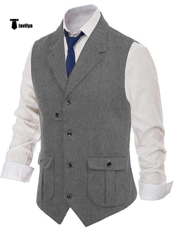 Suit Vest - Men's Classic Tweed Herringbone Notch Lapel Waistcoat