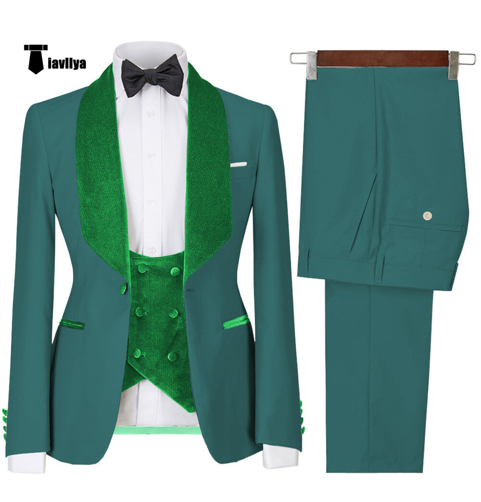Fashion Men’s Suit Printed 3 Pieces Shawl Lapel Tuxedo For Prom (Blazer + Vest + Pants) Xs / Teal