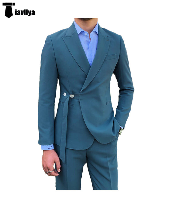 Fashion 2 Piece Men’s Suit Slim Fit Peak Lapel Tuxedo For Wedding (Blazer + Pants) Xs / Teal